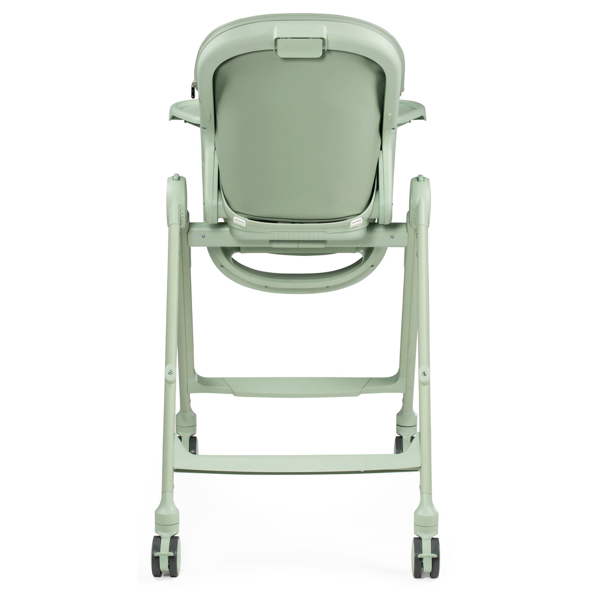 Back view of a sage green PEG high chair with wheels