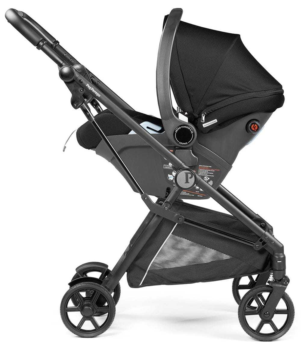 True black stroller frame by Peg Perego with mesh storage basket, five-spoke wheels, and adjustable handlebar, side view