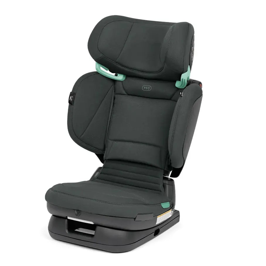 PEG-dc charcoal grey high back booster car seat with mint green belt guides