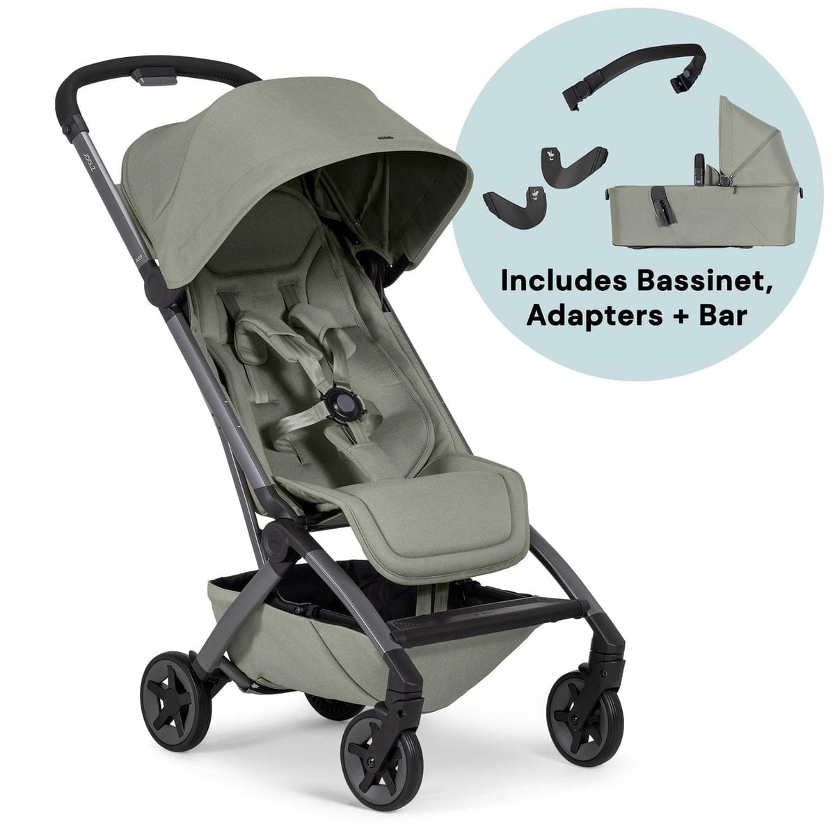 Joolz Aer2 Lightweight Compact Stroller Newborn Bundle - Sage Green / Black Carbon - NB-440202-440252