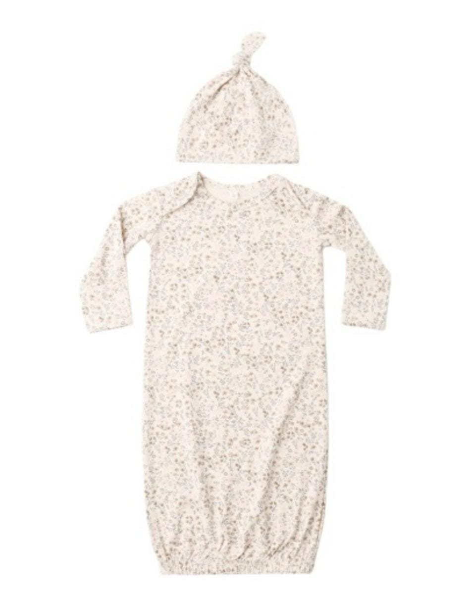 Quincy Mae floral print baby gown and matching knotted hat