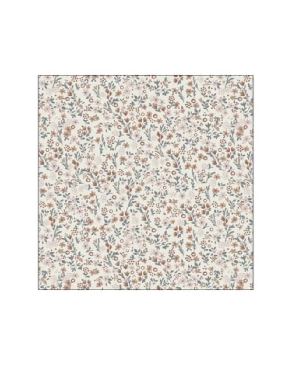 Cream fabric with a repeating pattern of small brown and grey flowers and leaves