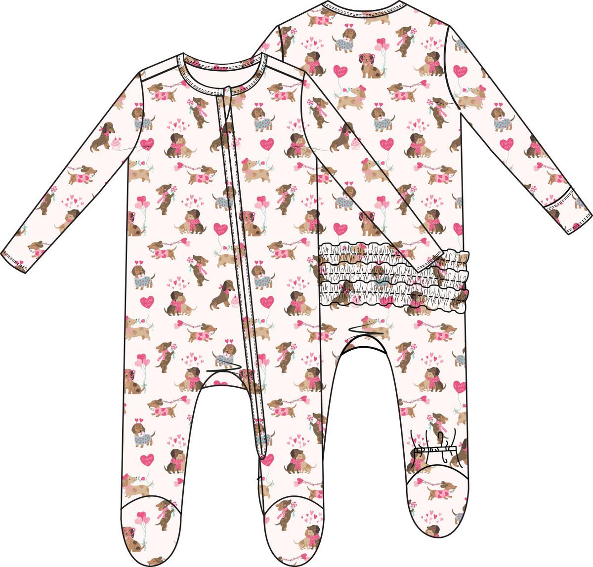 Angel Dear 2 Way Ruffle Back Zipper Footie - Valentine Dachshunds, 0-3M