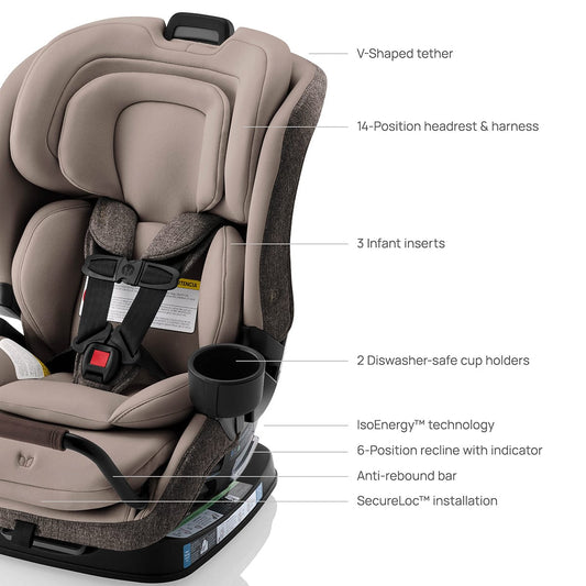 Truffle convertible car seat by Romer with textured fabric, black harness, cup holders, and side impact protection, front view