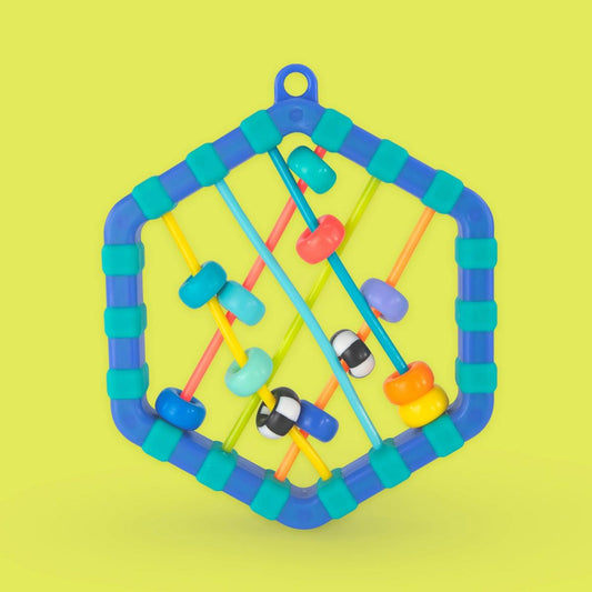 Sassy hexagonal bead maze toy with colorful sliding rings
