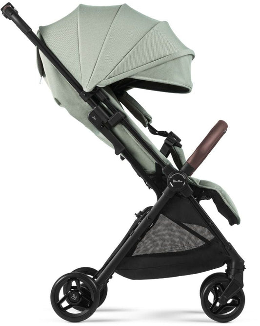 Sage ultra compact stroller by Silver Cross with black frame, brown leatherette handles, and mesh storage, shown open and folded side view