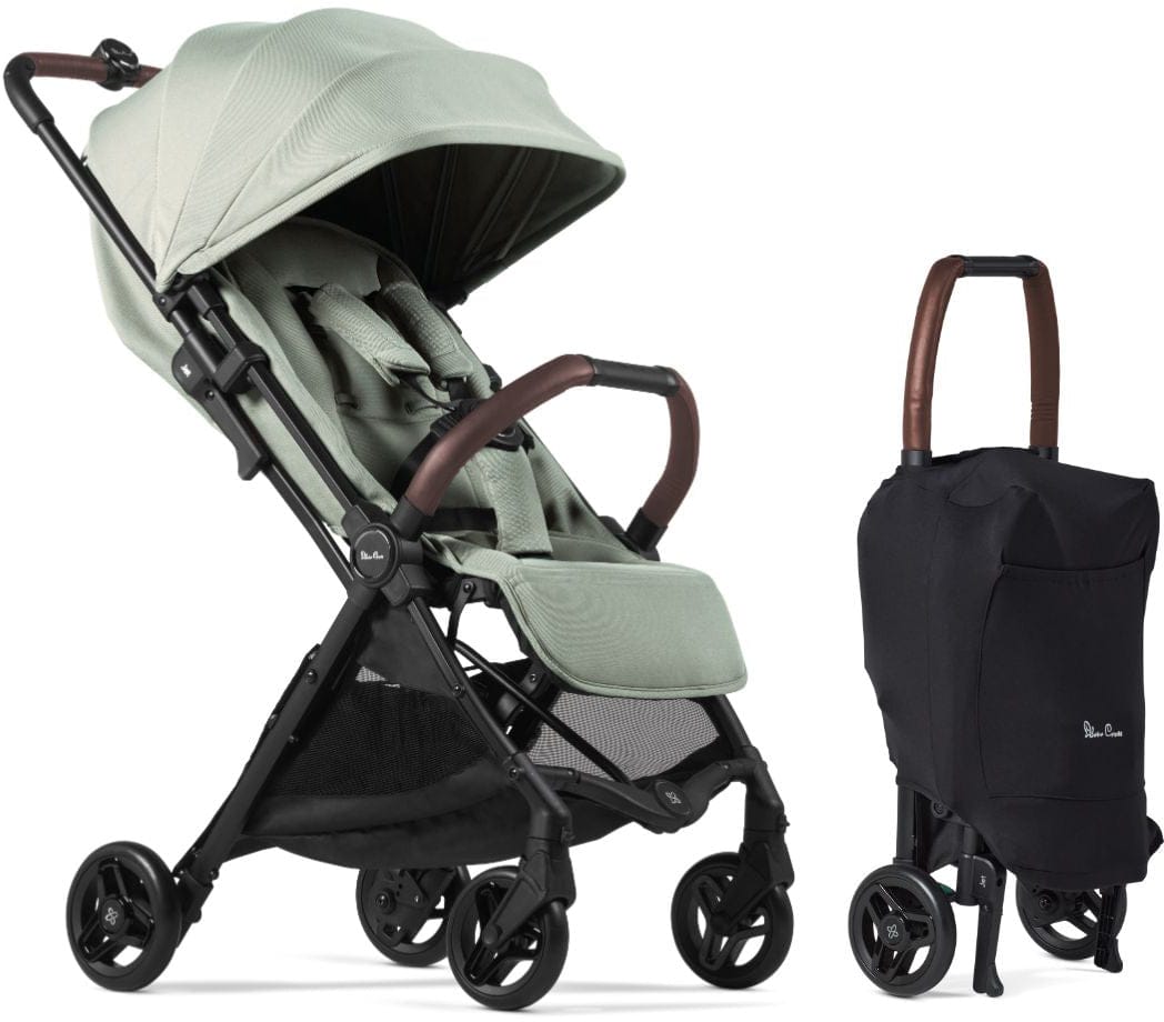 Sage ultra compact stroller by Silver Cross with black frame, brown leatherette handles, and mesh storage, shown open and folded side view