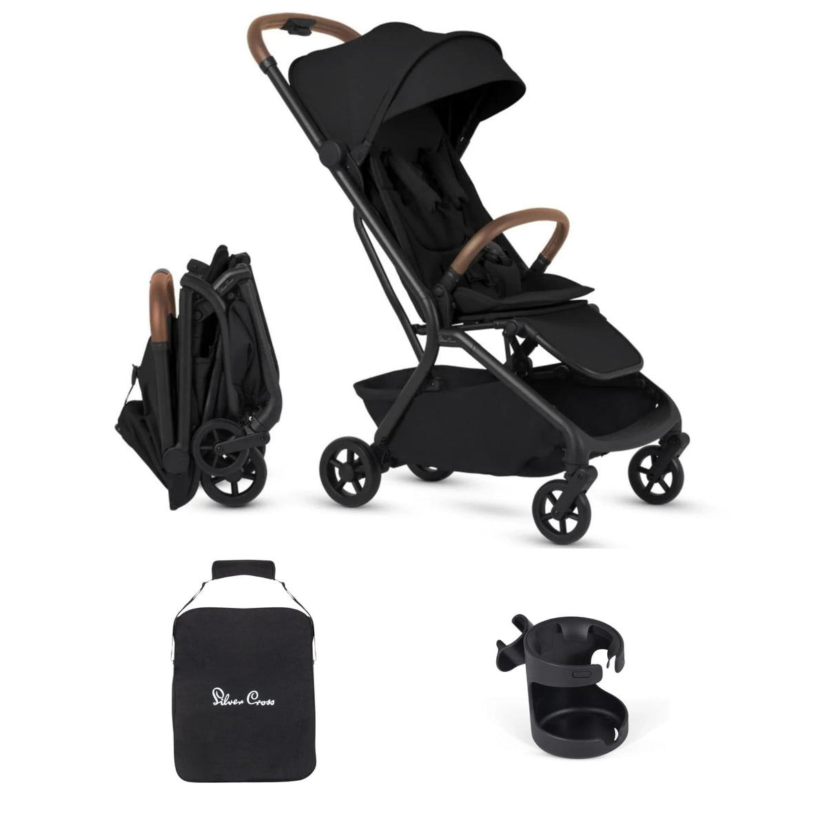 Silver Cross Nia Compact Travel Stroller + Cup Holder + Travel Bag Bundle - Onyx