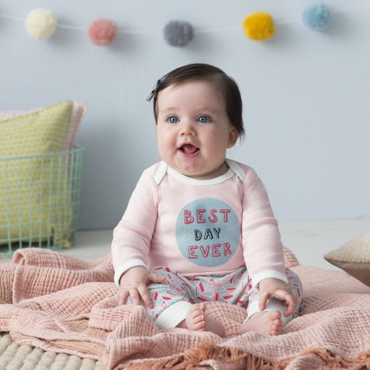 Skip Hop Long Sleeve Bodysuit & Pant Set, Best Day Ever - Pink Feather (Newborn) - 279505-NB