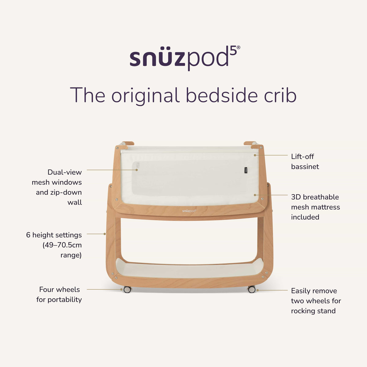 Snuz SnuzPod 5 Bedside Bassinet Essentials Bundle ( Sheets / Mattress Protector / Mattress) - Natural