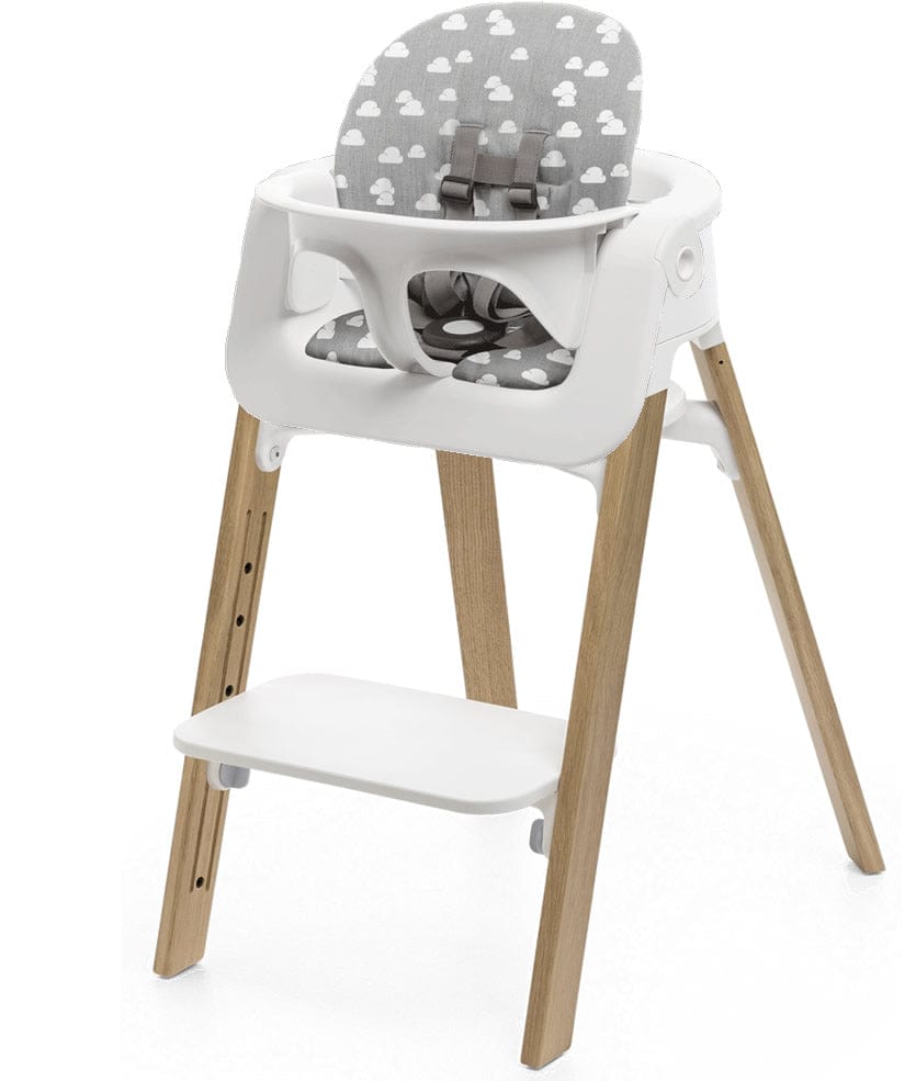 Stokke Steps Chair + Cushion (No Tray) - White/Oak Natural/Grey Clouds - STHCCSHNOTRY-WHTOAKNTRLGRYCLDS