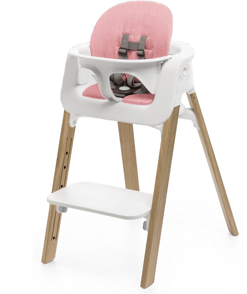 Stokke Steps Chair + Cushion (No Tray) - White/Oak Natural/Pink - STHCCSHNOTRY-WHTOAKNTRLPINK