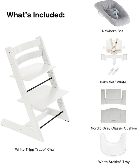 Stokke Tripp Trapp High Chair2 with Cushion, Newborn Set and Stokke Tray - White / Nordic Grey - 663100