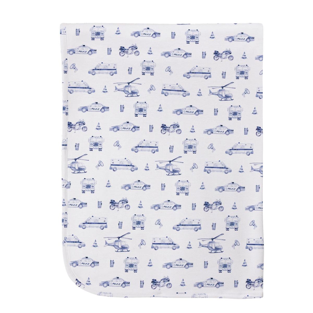 Baby Club Chic white blanket with blue police car motorcycle and helicopter print