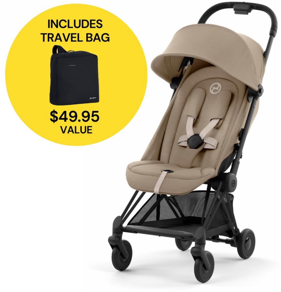Cybex COYA Compact Stroller + Travel Bag Bundle - Matte Black / Cozy Beige - 522005207-521001489-B