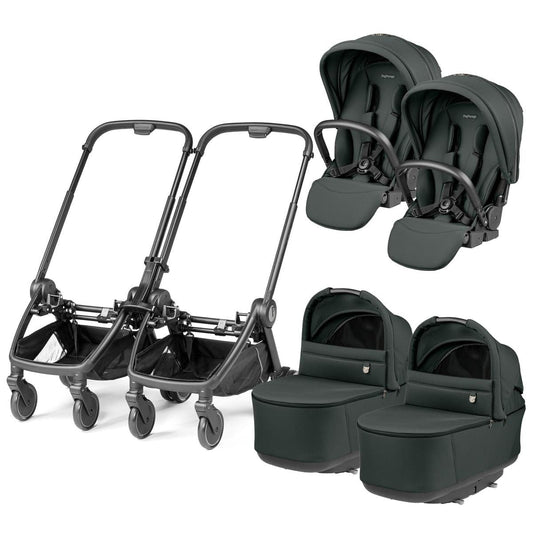 PEG City Loop Twin Stroller + Pop Up Bassinet With Stand Bundle - Black / Metal / Metal - CLP-TWIN-BAS-METAL