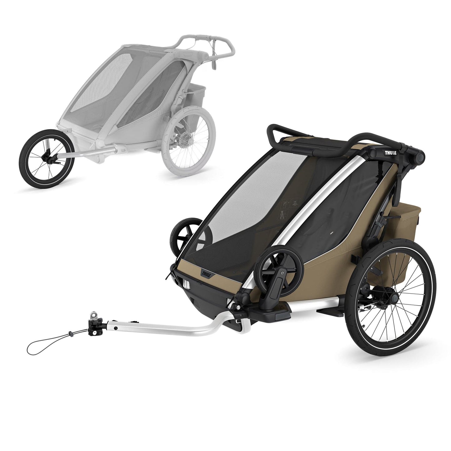 Thule Chariot Cross 2 Double Multisport Bike Trailer / Stroller + Jogging Kit Bundle - Faded Khaki - 10201037-20201304