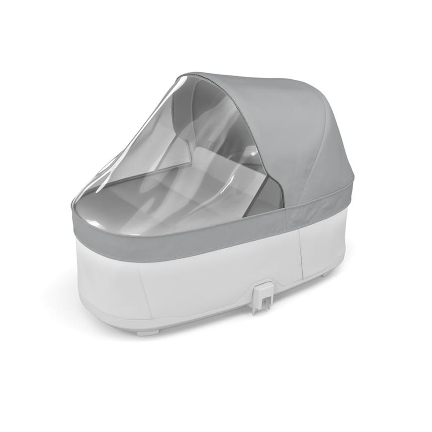Thule bassinet with grey canopy and clear rain cover