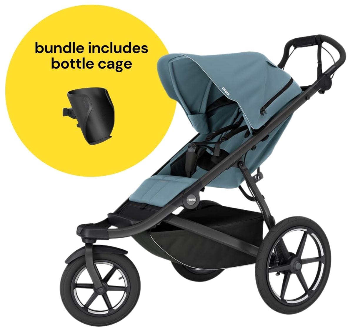 Thule Urban Glide 3 Single Jogging Stroller with NON-Magnetic Buckle + Bottle Cage Bundle - Mid-Blue - 10101973-20201521