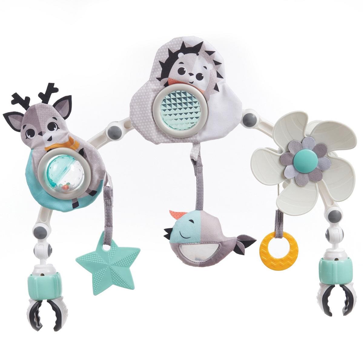Tiny Love stroller arch with hanging plush deer hedgehog bird flower and star toys
