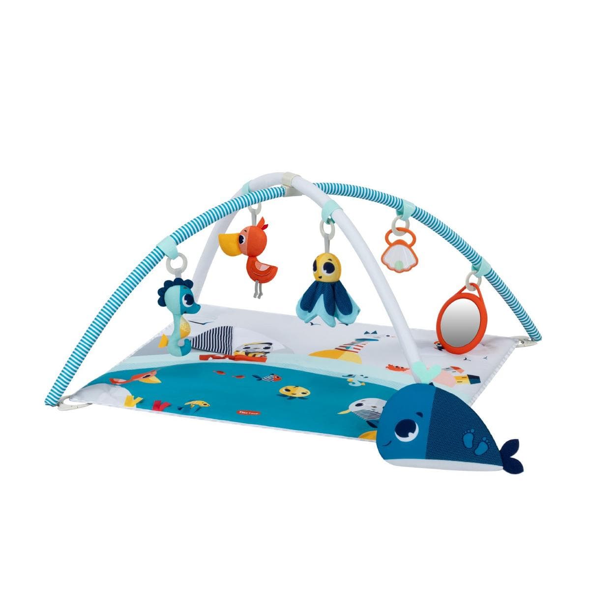 Tiny Love baby activity gym with hanging ocean themed toys and a whale shaped play mat