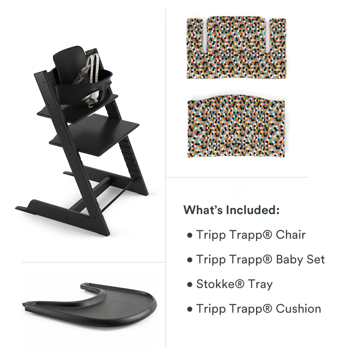 Tripp Trapp High Chair and Cushion with Stokke Tray Bundle - Black / Honeycomb Happy / Black