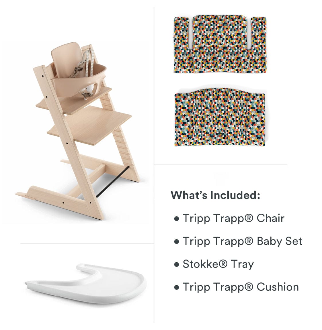 Tripp Trapp High Chair and Cushion with Stokke Tray Bundle - Natural / Honeycomb Happy / White