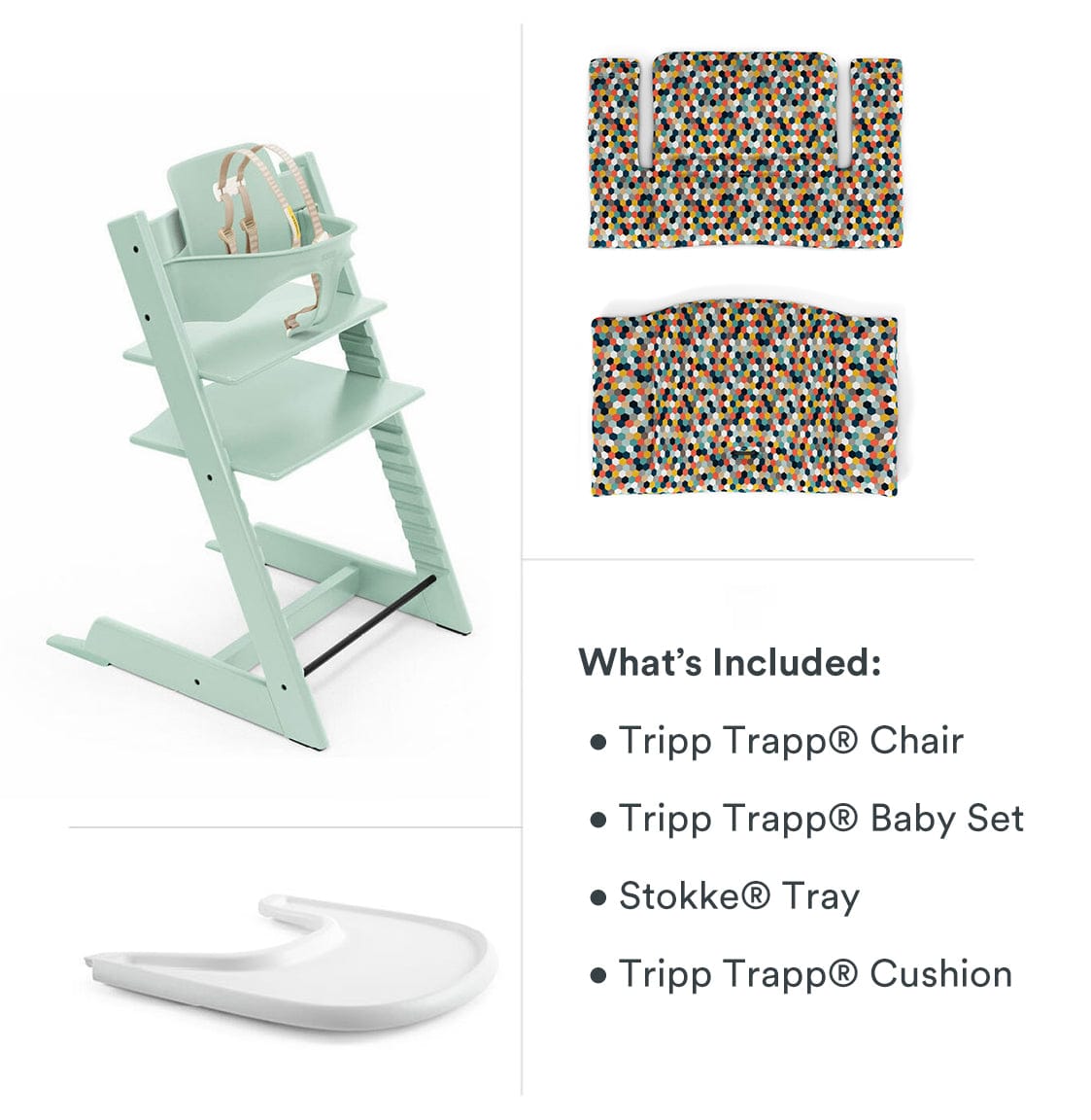 Tripp Trapp High Chair and Cushion with Stokke Tray Bundle - Soft Mint / Honeycomb Happy / White