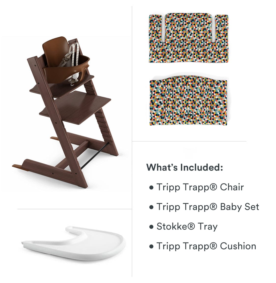 Tripp Trapp High Chair and Cushion with Stokke Tray Bundle - Walnut Brown / Honeycomb Happy / White