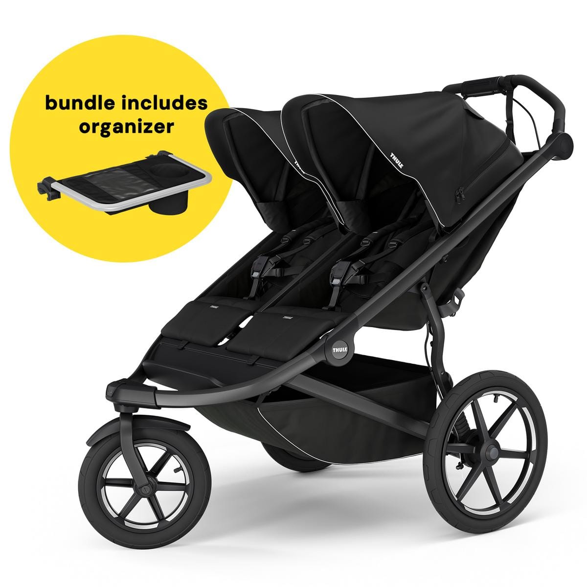 Thule Urban Glide 3 Double Jogging Stroller with NON-Magnetic Buckle + Organizer Bundle - Black