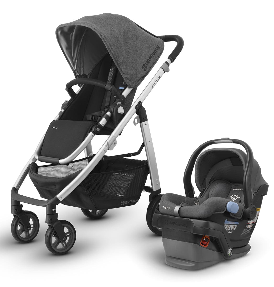 UPPAbaby 2018 Cruz + Mesa Travel System - Jordan (Charcoal Melange/Silver/Black Leather)