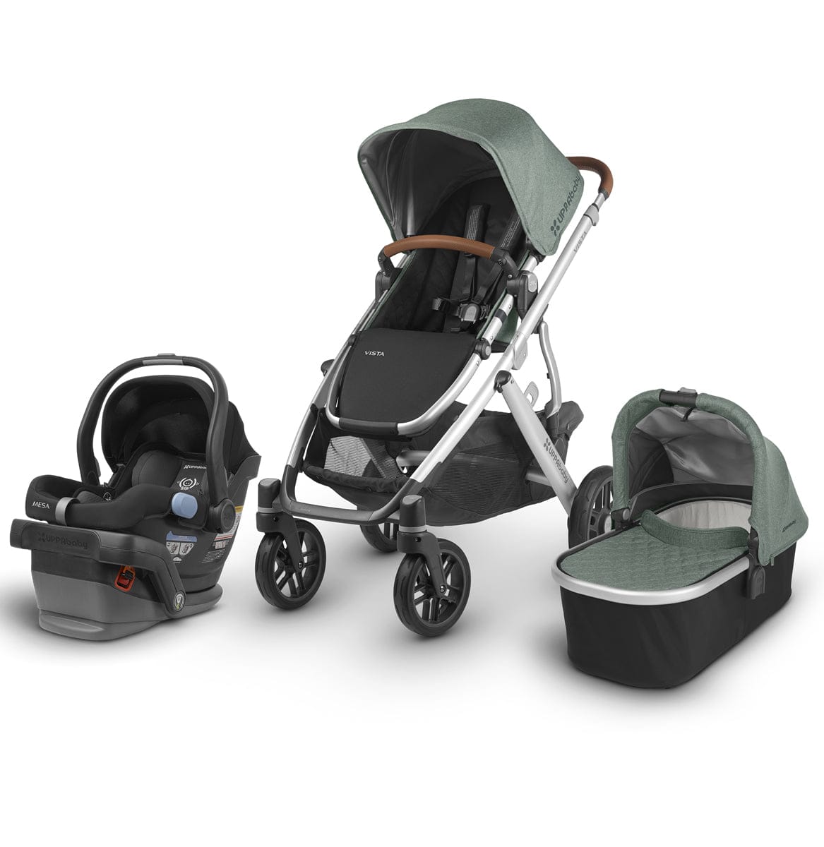 UPPAbaby 2018 / 2019 Vista + Mesa Travel System - Emmett (Green Melange/Silver/Saddle Leather)
