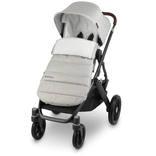 Light grey UPPAbaby footmuff with white fleece lining
