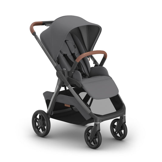 UPPAbaby grey stroller with brown leather accents