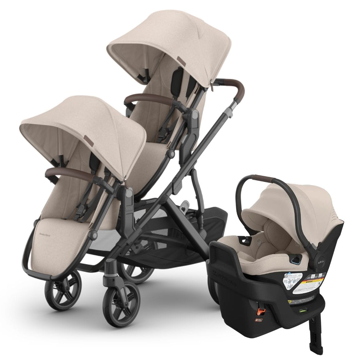 UPPAbaby Vista V2 stroller with two seats and an Aria infant car seat in beige