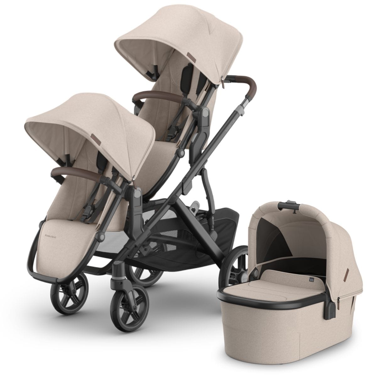 Uppababy Vista V3 double stroller in beige with matching bassinet