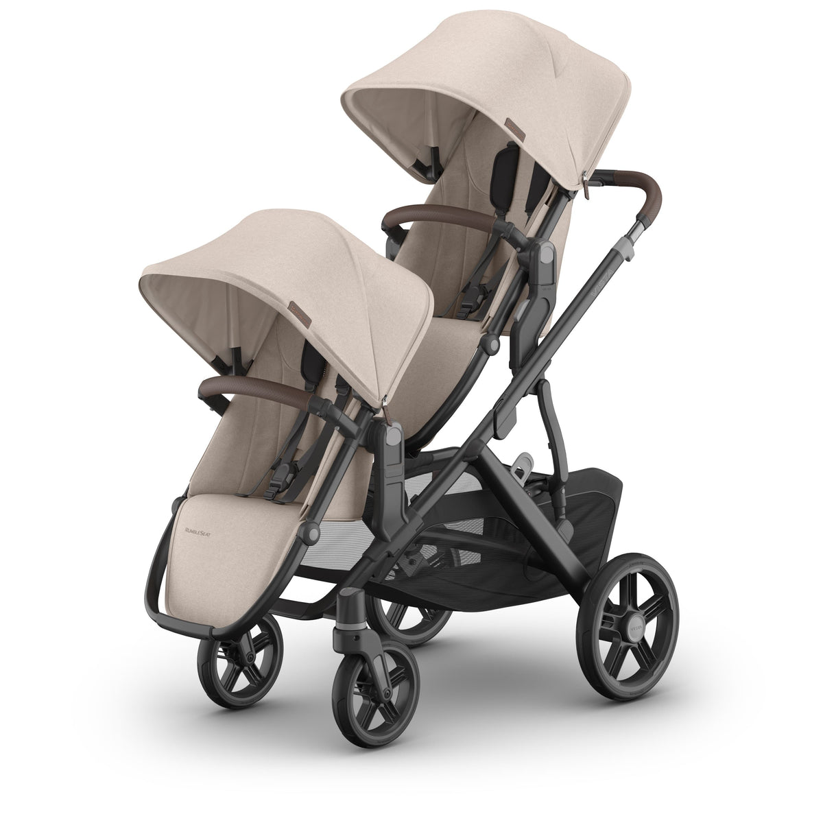 UPPAbaby Vista double stroller with tan fabric seats and black frame