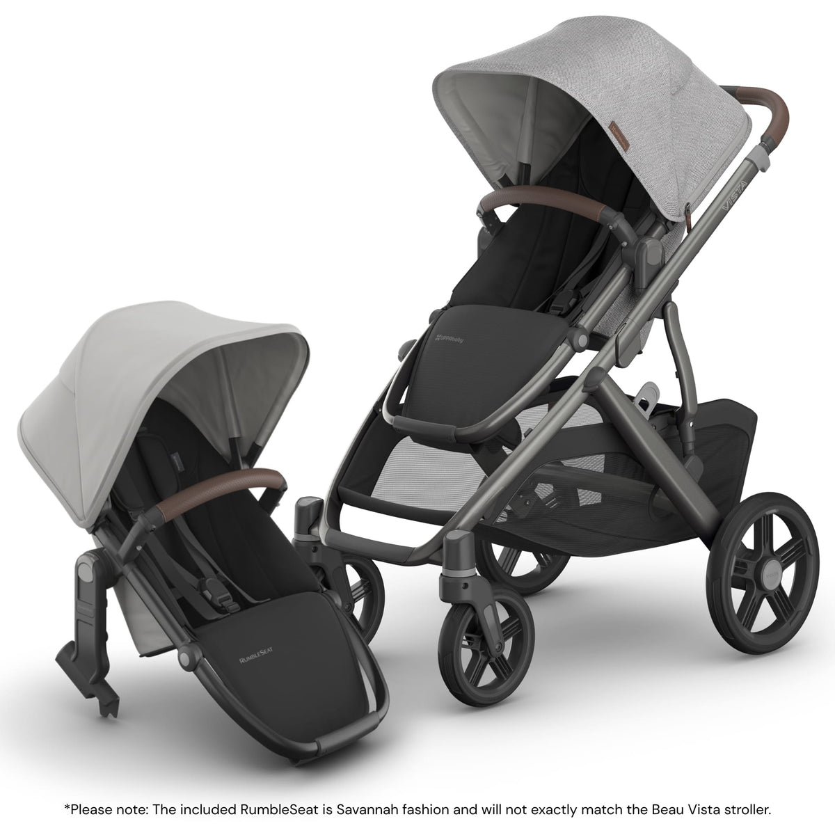 UppaBaby Vista stroller with grey canopy and separate Savannah RumbleSeat