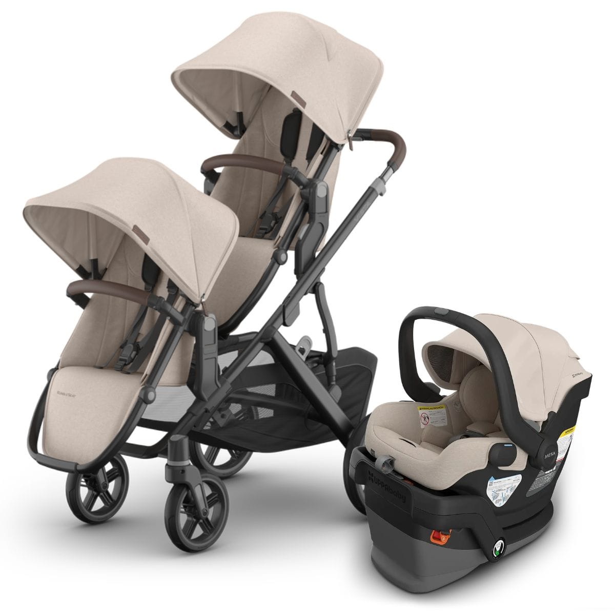 UPPAbaby double stroller with two beige seats and a matching infant car seat