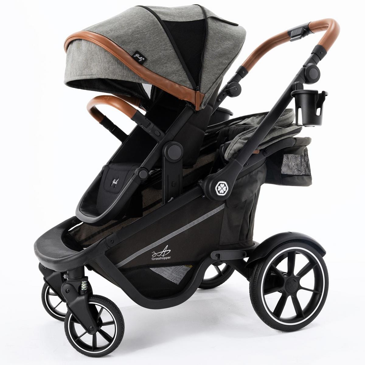 double stroller adjustable handle Grasshopper 8-in-1 Single to Double Stroller Cobblestone