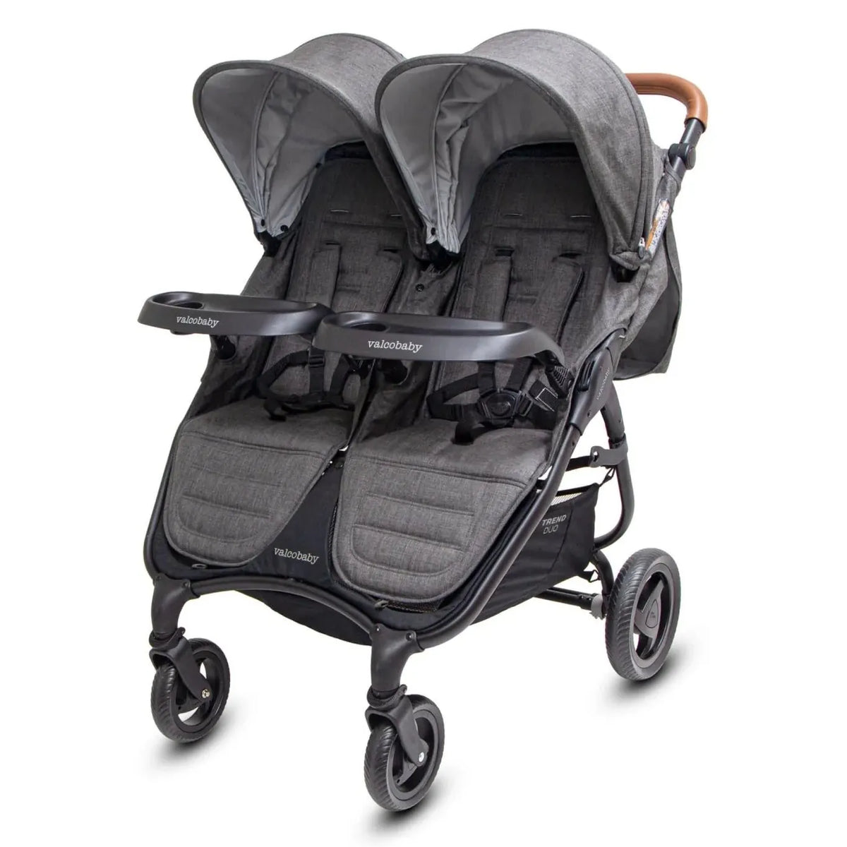 Valco Baby Trend Duo double stroller in grey with snack trays and brown handlebar