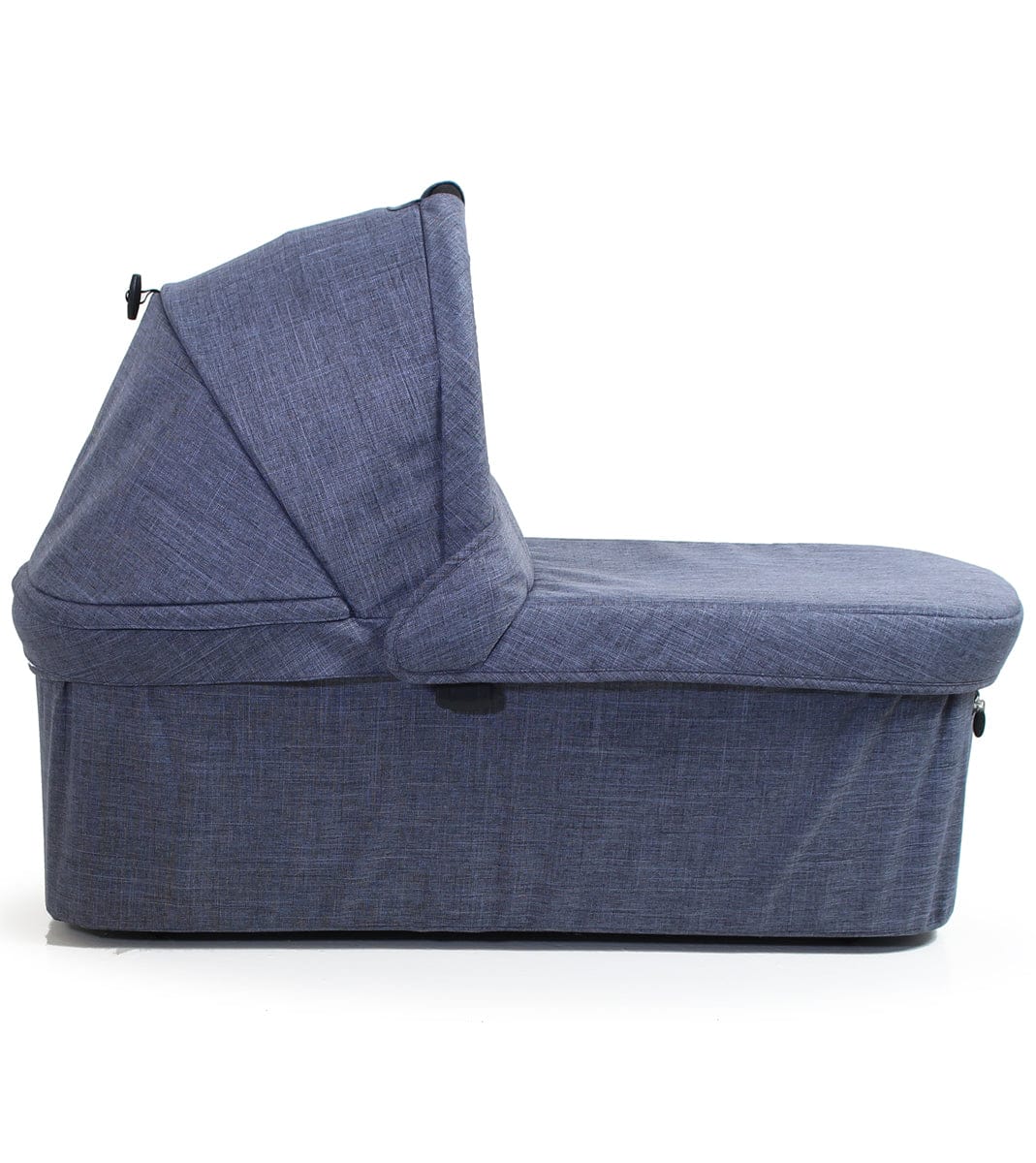 Denim fabric 3/4 bassinet by Valco, side view with textured canopy and padded base
