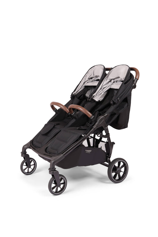 Valco Trend Duo black double stroller with brown leatherette handle and bumper bars