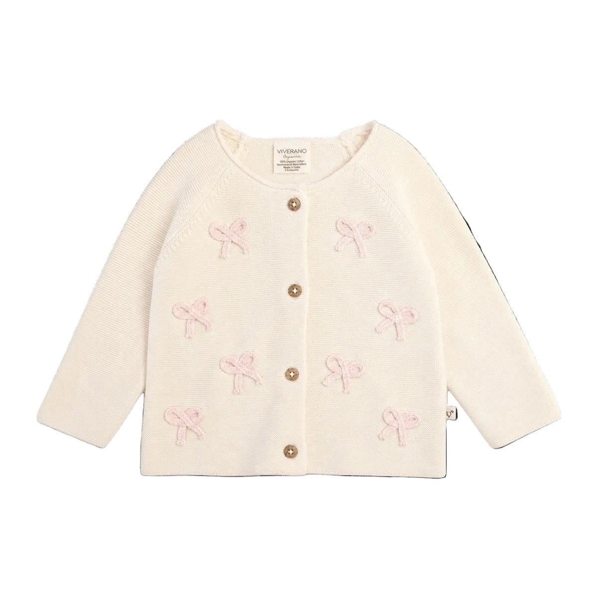 Viverano Organics Zoe Bow Sweater Knit Baby Button Cardigan (Organic Cotton) - Natural, 3-6M