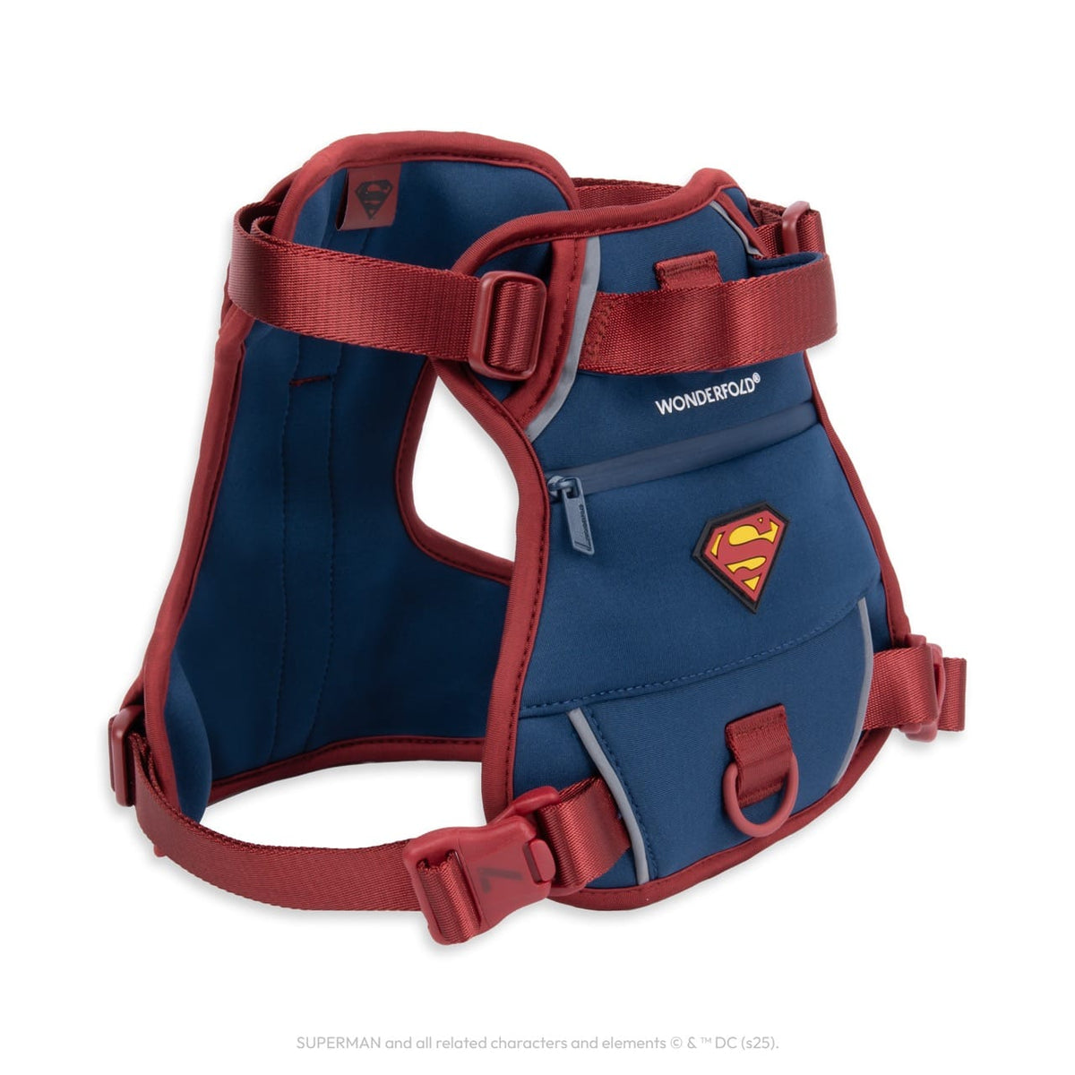WonderFold Superman dog harness in blue and red with a Superman logo patch and zippered pocket