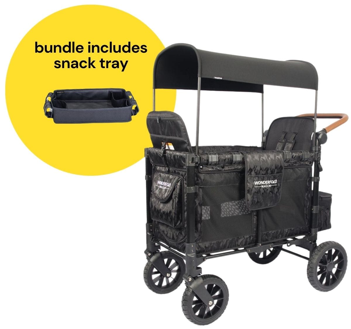 Wonderfold W2 Luxe Multifunctional Double (2 seater) Stroller Wagon + Snack Tray Bundle - Black Camo - W2-2S-CAMOUFLAGE-St02