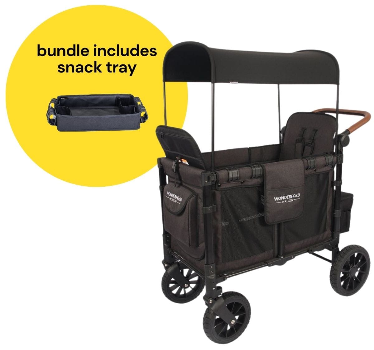 Wonderfold W2 Luxe Multifunctional Double (2 seater) Stroller Wagon + Snack Tray Bundle - Volcanic Black - W2-S2-BLACK-St02