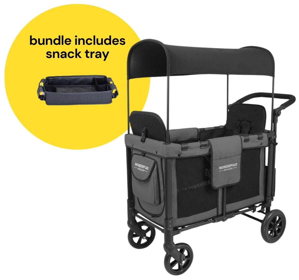 WonderFold W2 Original (2 Seater) Double Stroller Wagon + Snack Tray Bundle - Gray - W2-GRAY-St02