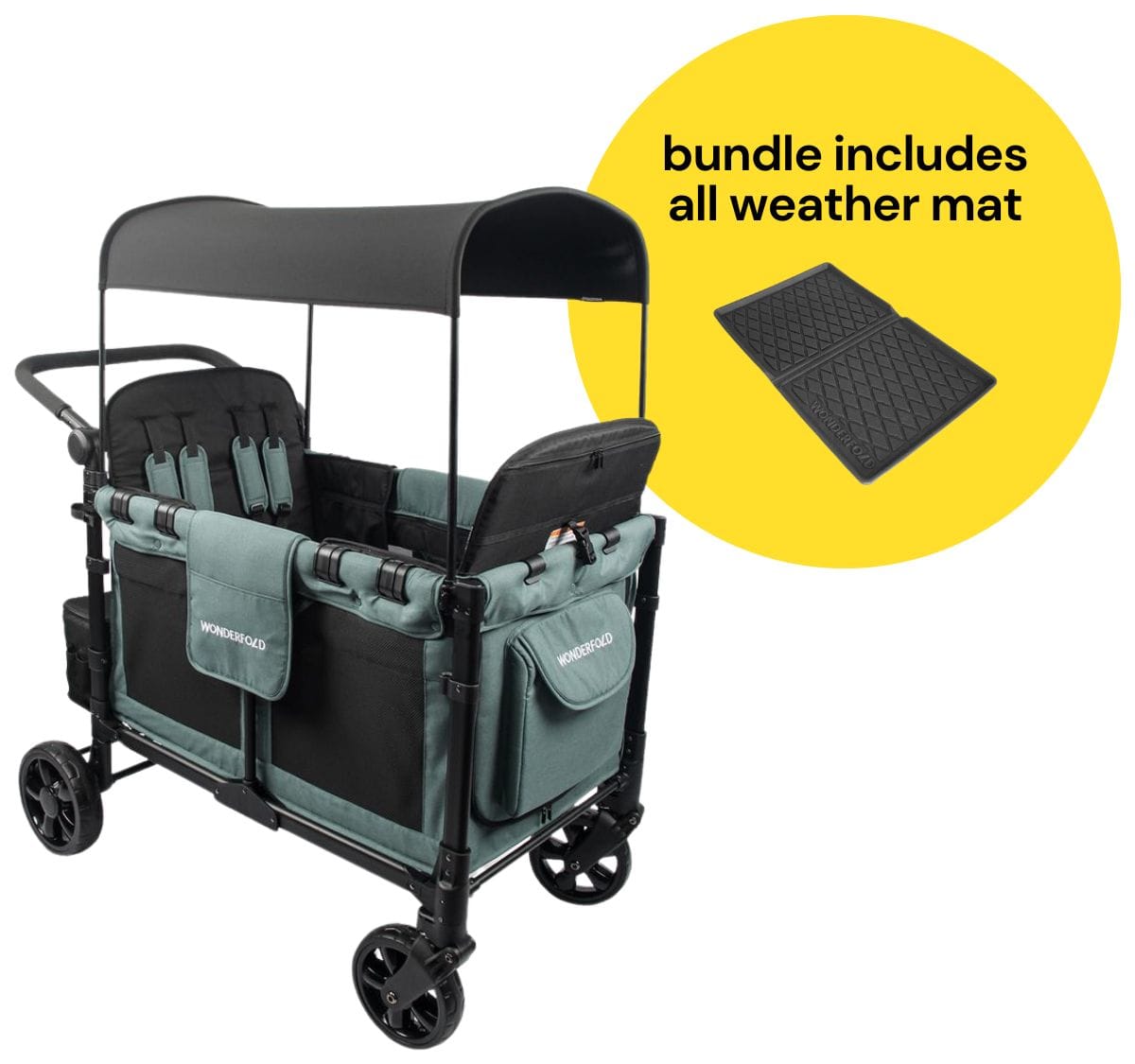 WonderFold W4 Elite Multifunctional Quad (4 Seater) Stroller Wagon + All Weather Mat Bundle - Hunter Green - W4ELT-HNTGN-W4m