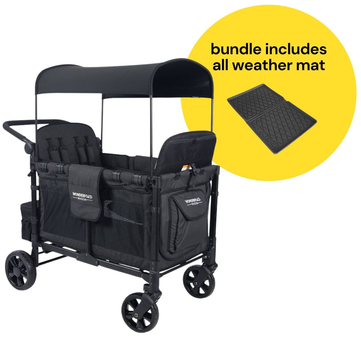 WonderFold W4 Elite Multifunctional Quad (4 Seater) Stroller Wagon + All Weather Mat Bundle - Volcanic Black - W4ELT-BLK-W4m